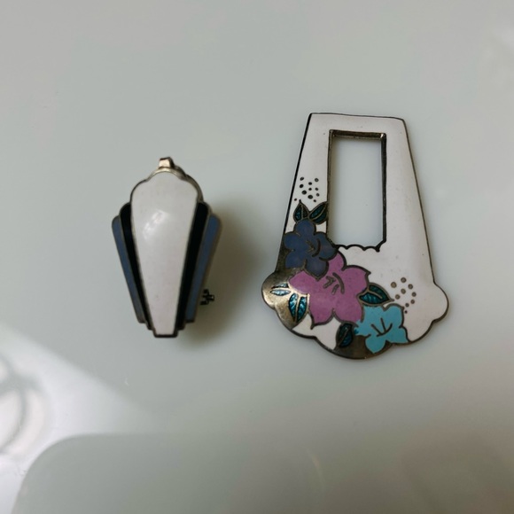 VINTAGE ART DECO STYLE 1970/80’s SIGNED REO ENAMEL CONVERTIBLE EARRINGS - Picture 3 of 5